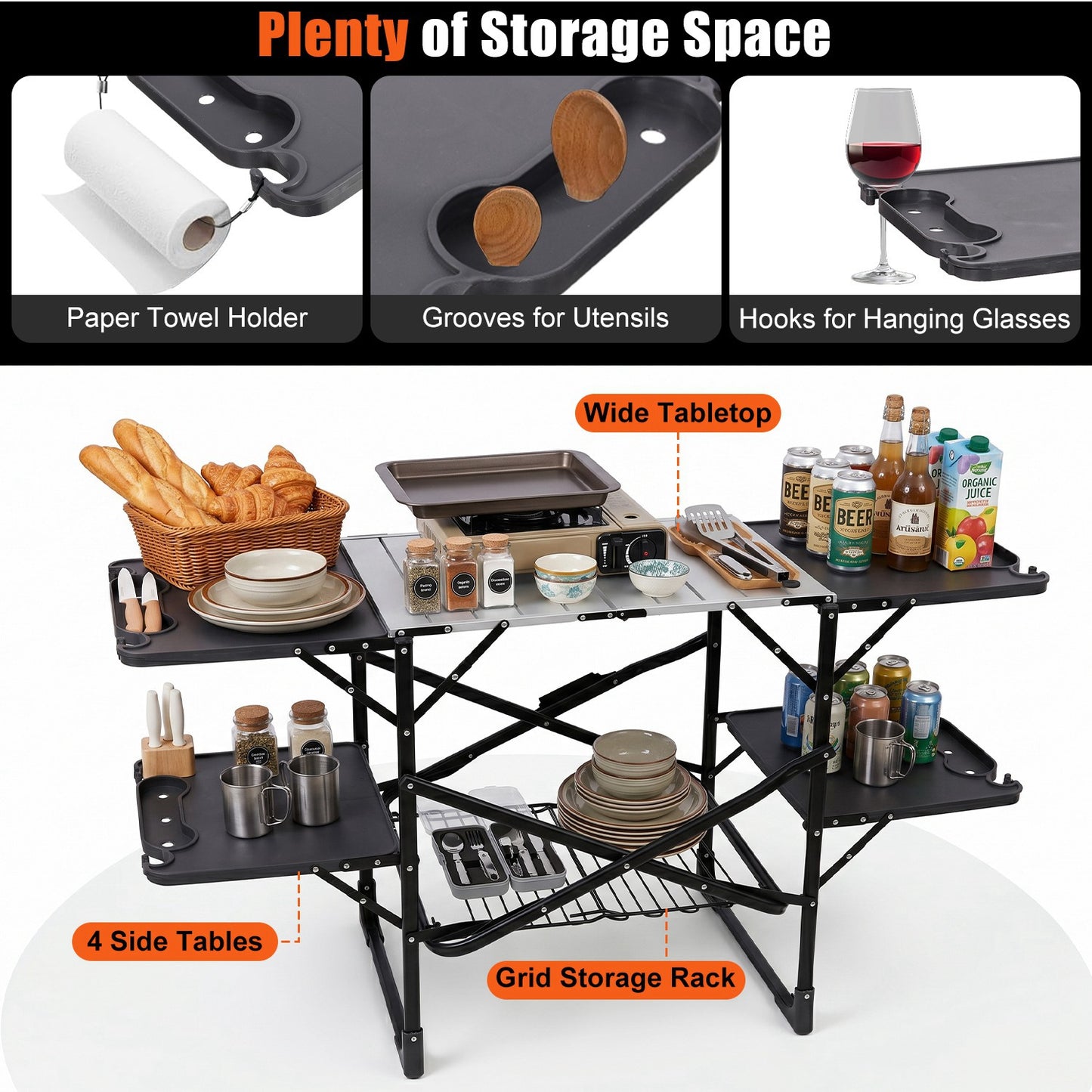 Black Folding Camping Kitchen Table with 4 Side Tables & Storage Rack
