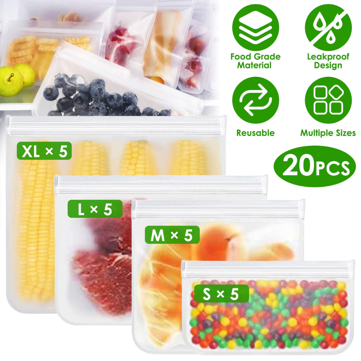 Set of food storage bags with various sizes and contents, featuring green labels on a white background.