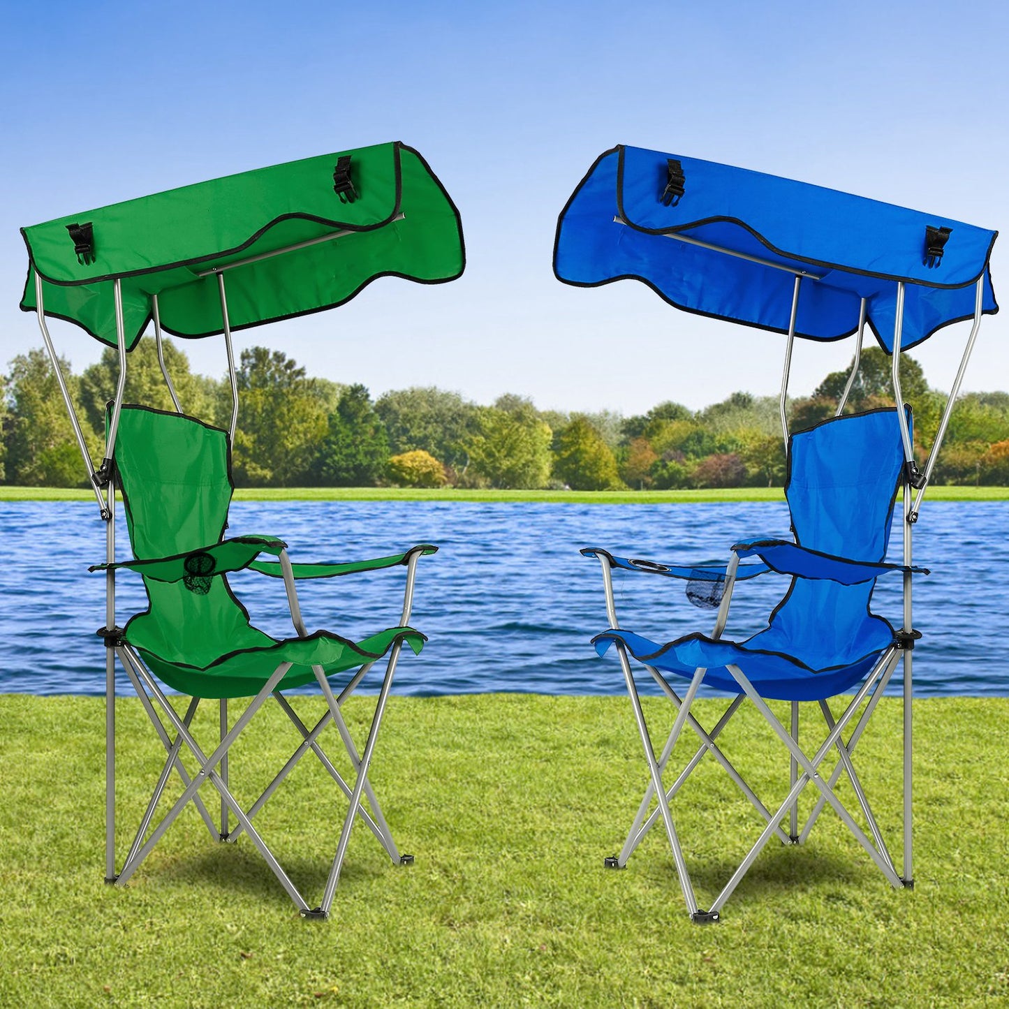 Lake Forest Blue Foldable Canopy Camping Chair with Cup Holder
