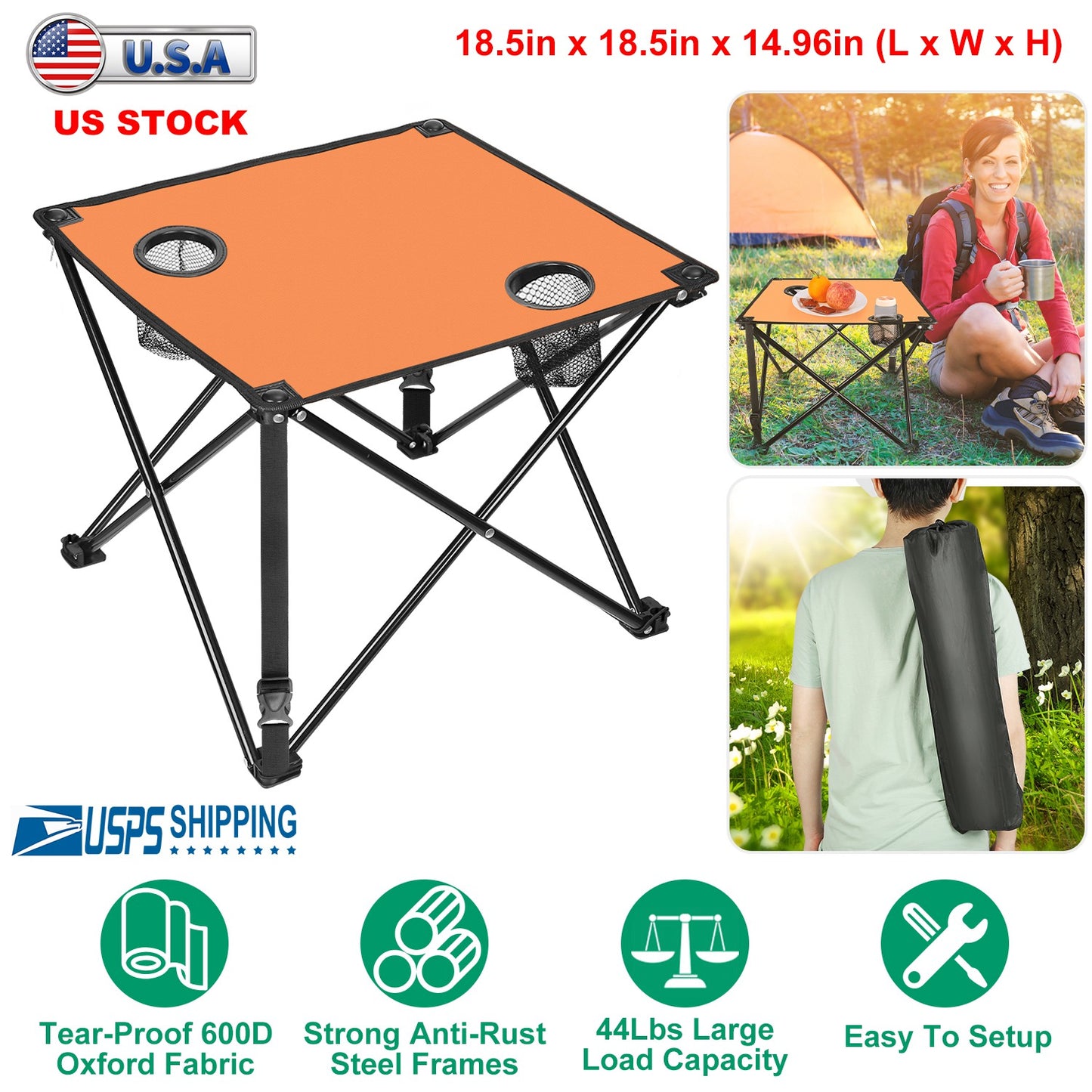 Lake Forest Orange Portable Folding Camping Table with 2 Cup Holders