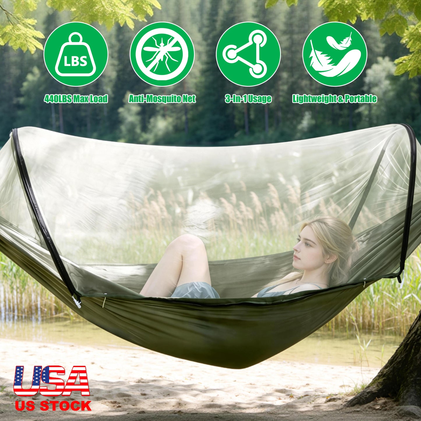 Person relaxing in a green hammock with mosquito net in a forest setting, featuring product features and USA stock text.