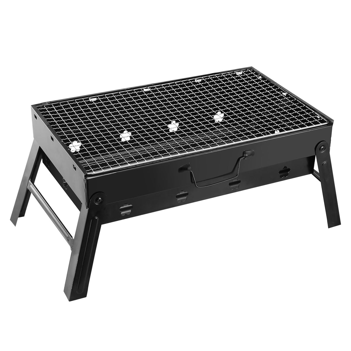 Black portable grill on a white background