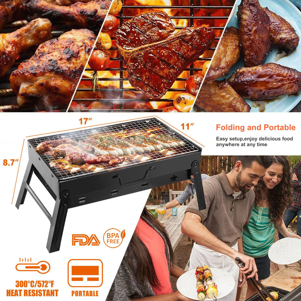 Collage of grilled meats, a portable grill with dimensions, and people enjoying food outdoors.