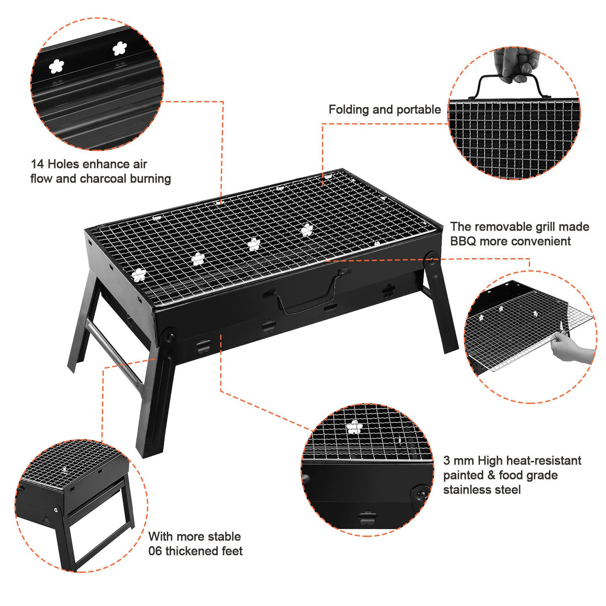 Portable grill with features highlighted on a white background