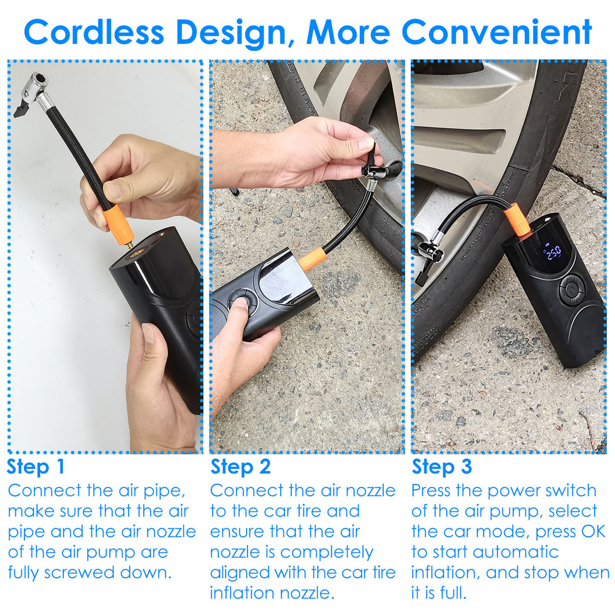 Step-by-step guide on using a cordless car air pump with text indicating convenience.