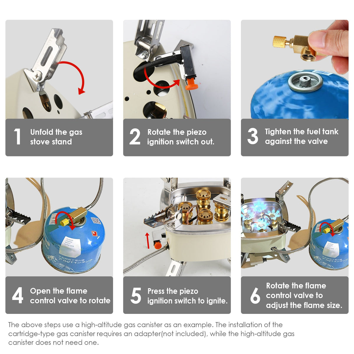 Step-by-step guide on how to use a gas stove with a high-altitude gas canister.