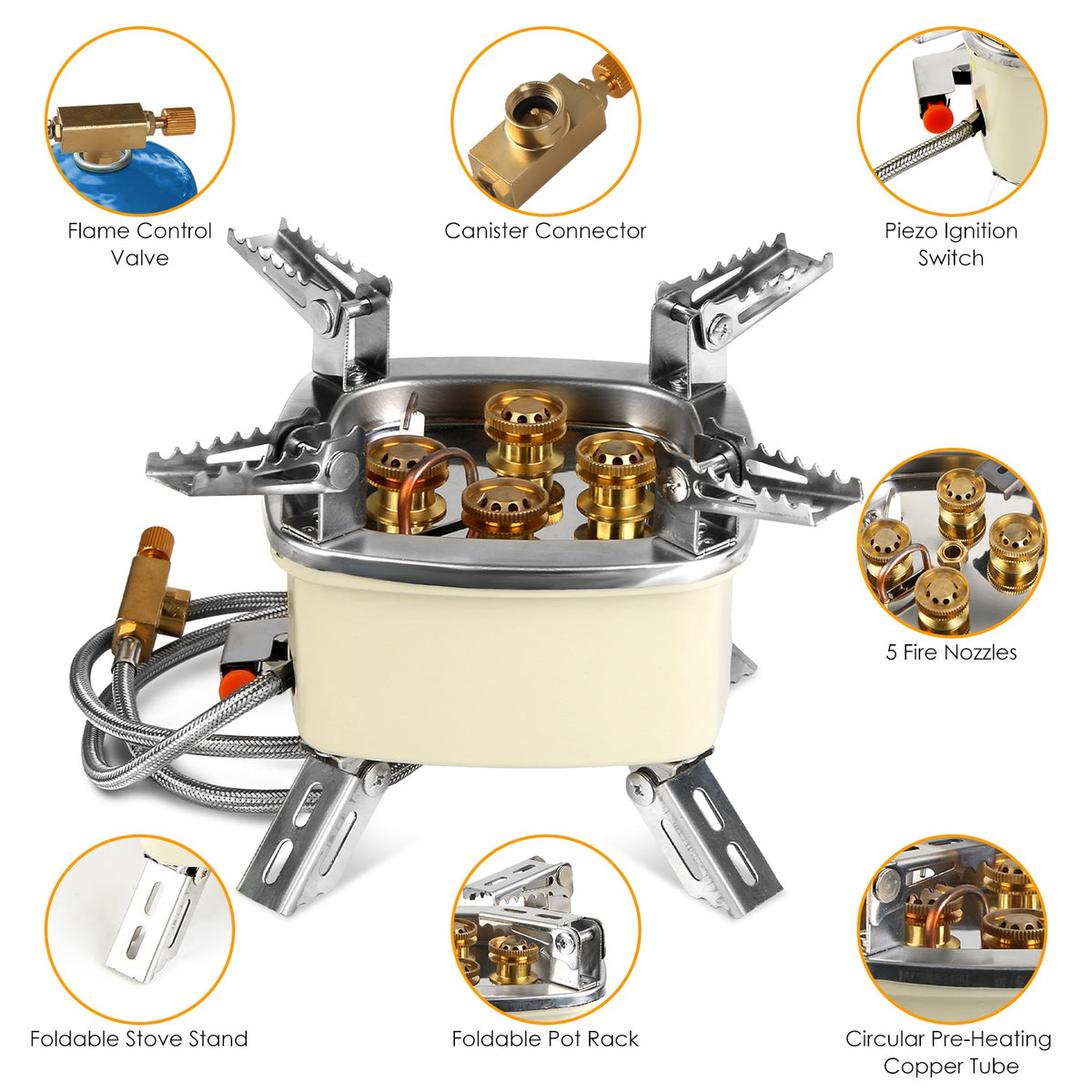 Portable camping stove with detailed components labeled on a white background