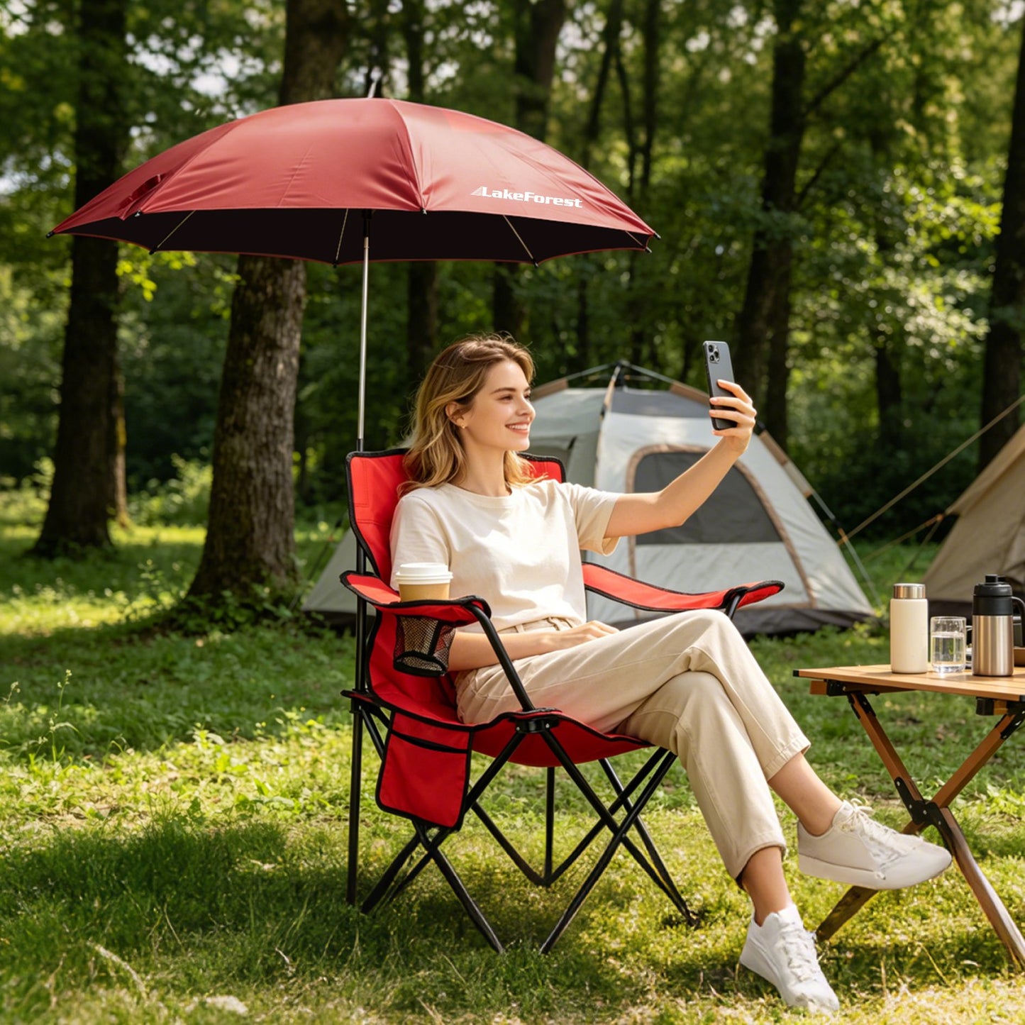Lake Forest Red Foldable Camping Chair with Detachable Umbrella