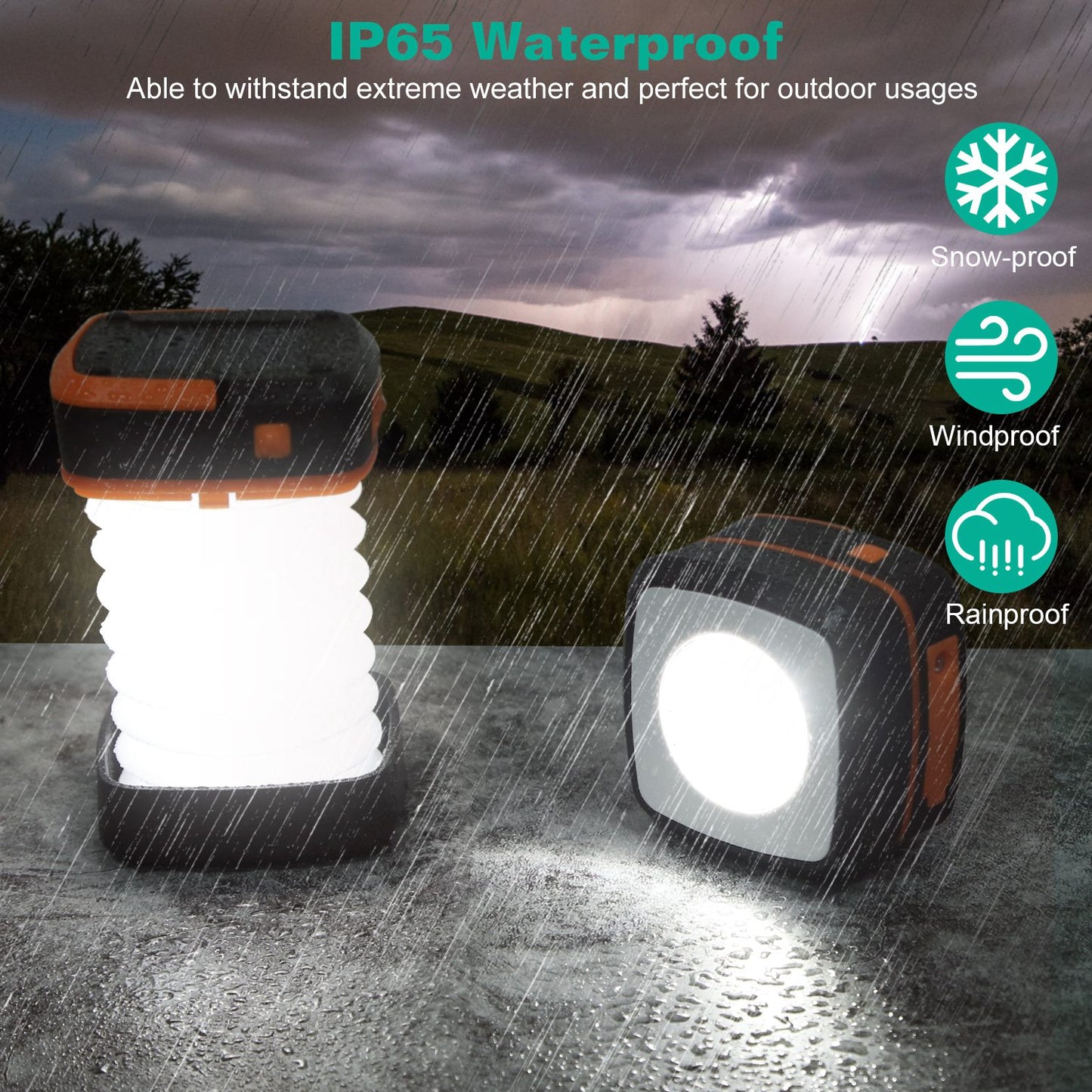 Two waterproof outdoor lights with rain, snow, and windproof features displayed against a rainy background.