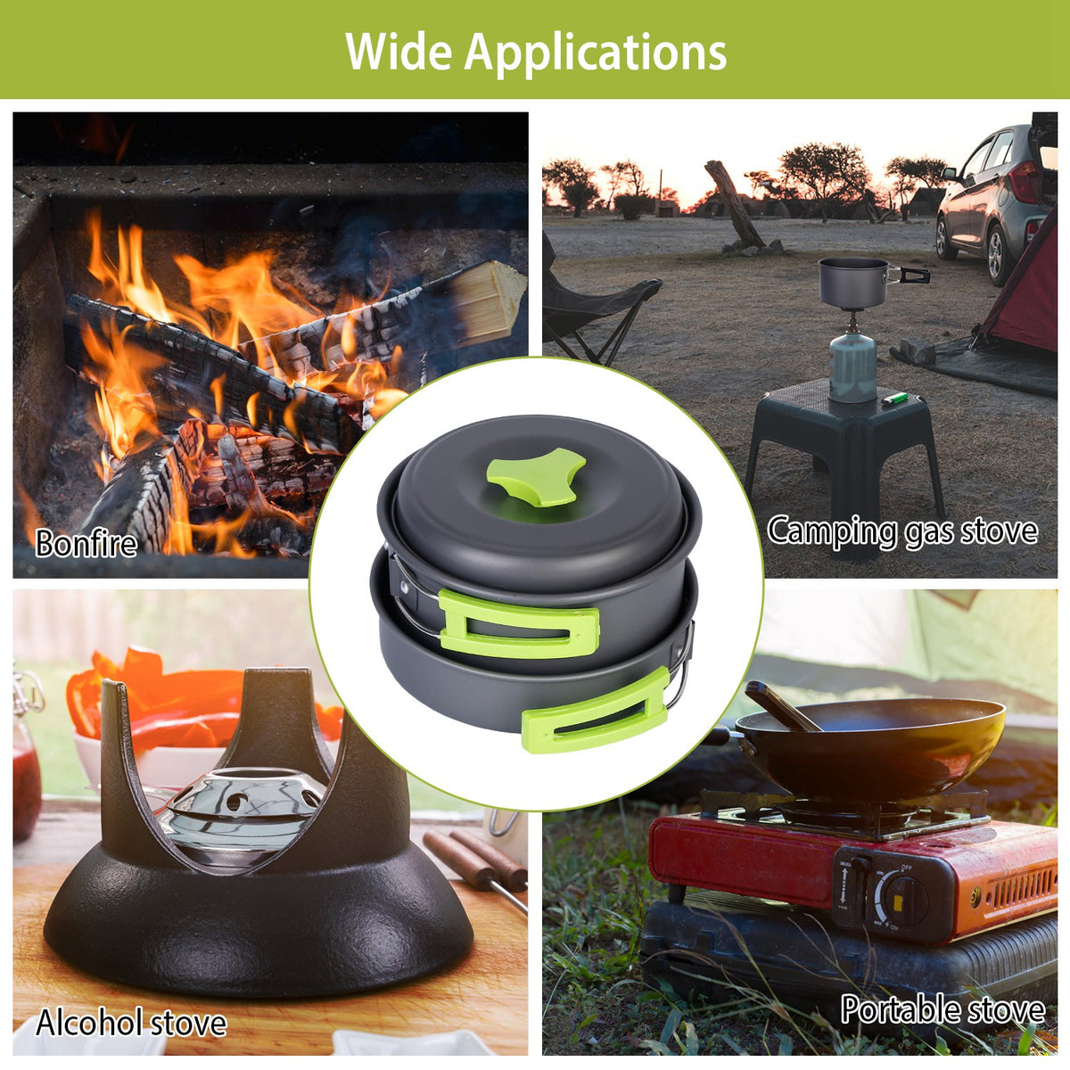 Stack of black and green cookware with various cooking sources below