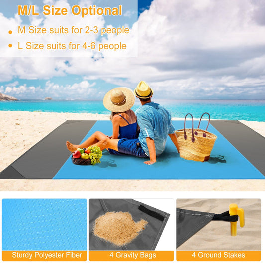 Beach blanket with people sitting on it, overlooking a beach with text about size options.