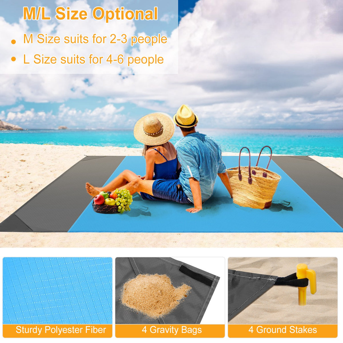 Blue Medium 2–3 Person Sandproof Camping & Beach Blanket
