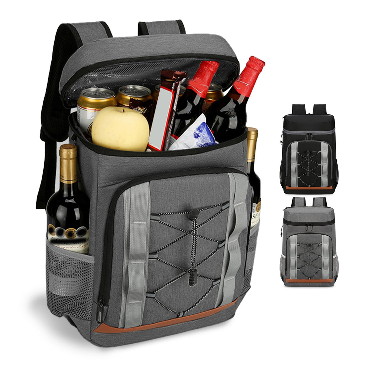 Gray backpack with wine bottles and food items on a white background