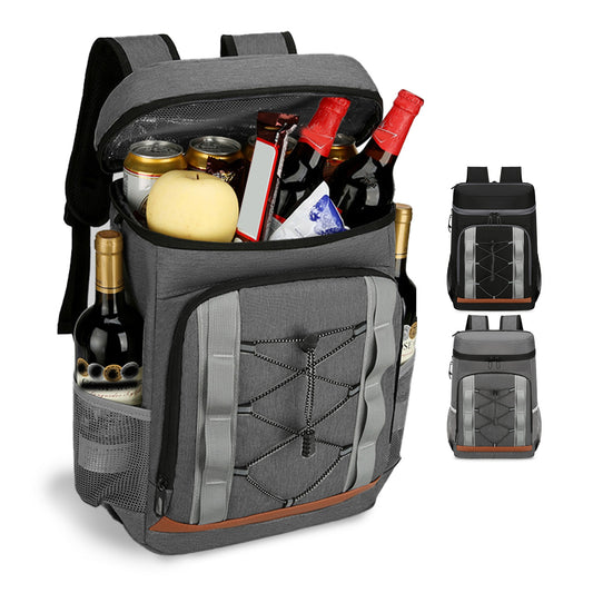 Gray backpack with wine bottles and food items on a white background