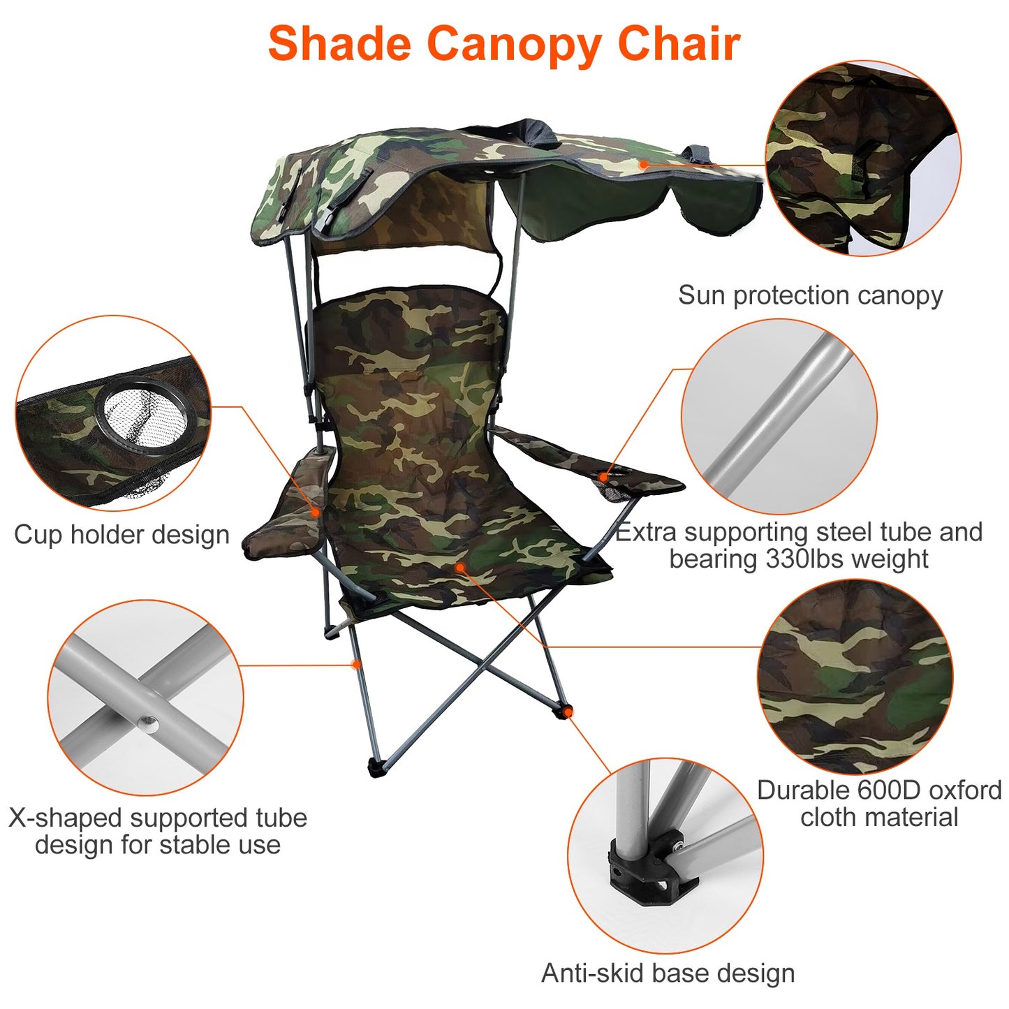 Lake Forest Camouflage Foldable Canopy Camping Chair with Cup Holder