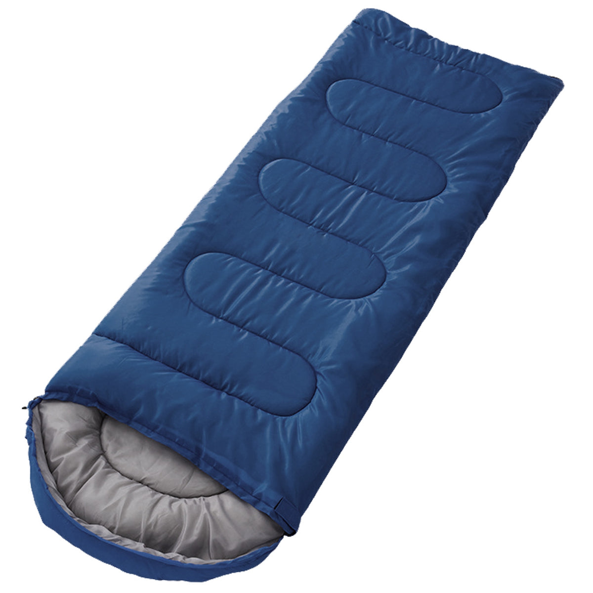 A blue mummy-style sleeping bag with a gray interior lining, shown open on a plain white background.