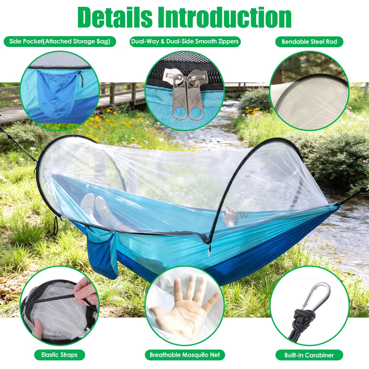 Lake Forest 3-in-1 Camping Hammock with Mosquito Net – RoBlue/SkyBlue
