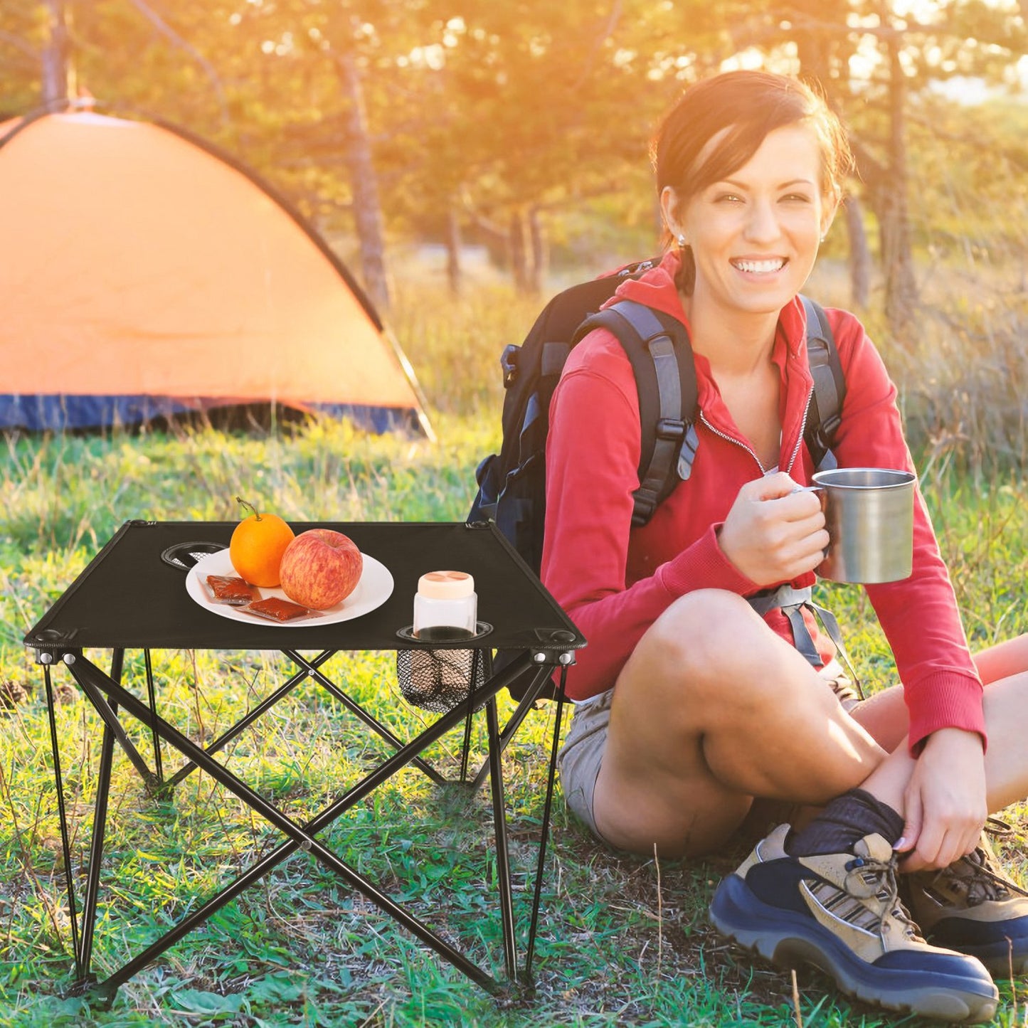 Lake Forest Black Portable Folding Camping Table with 2 Cup Holders