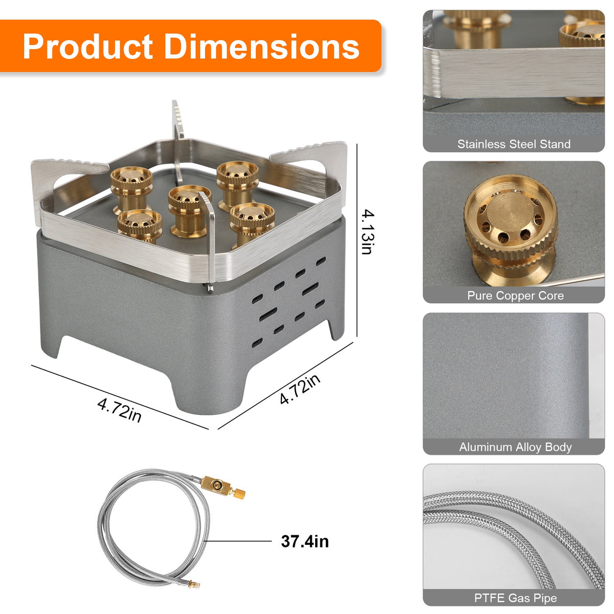 Product dimensions of a camping stove with detailed views and labels.