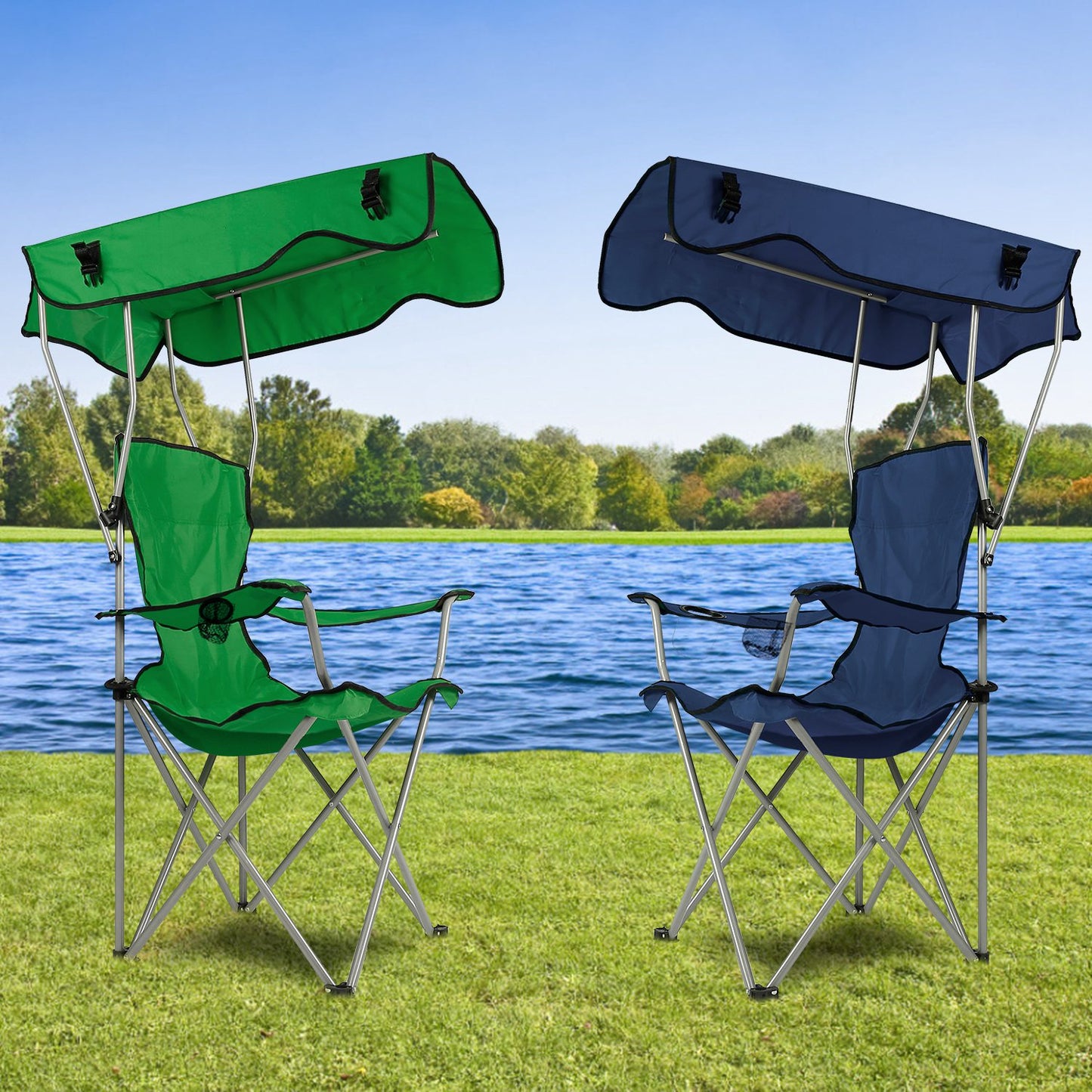 Lake Forest Green Foldable Canopy Camping Chair with Cup Holder