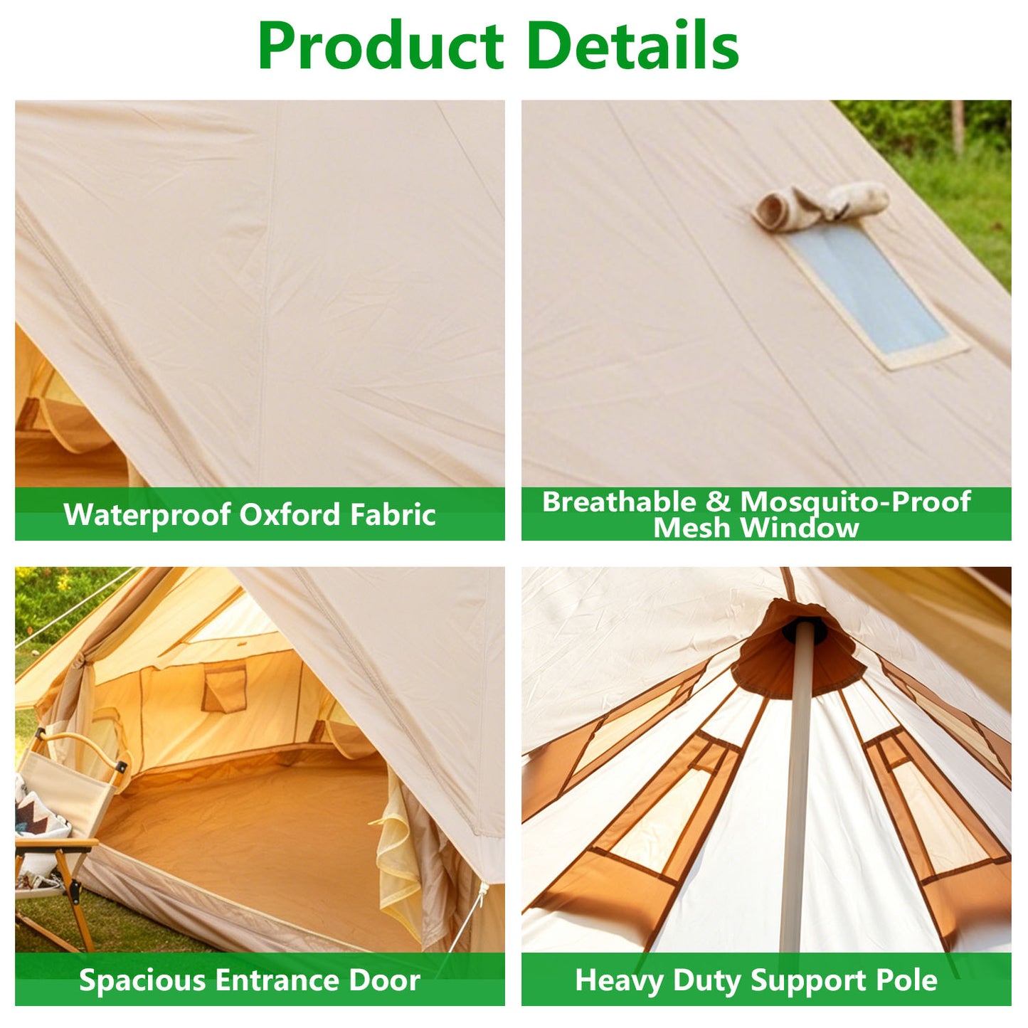 Beige 13.1 FT Oxford Bell Tent with Stove Jack – 4–8 Person