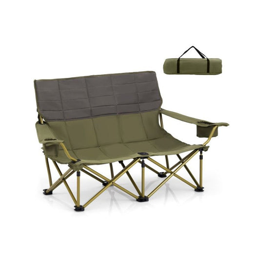 Double Loveseat Camping Chair - 660 lb Capacity, Folding, Cup Holders (Carry Bag) — green, outdoor chairs, front view