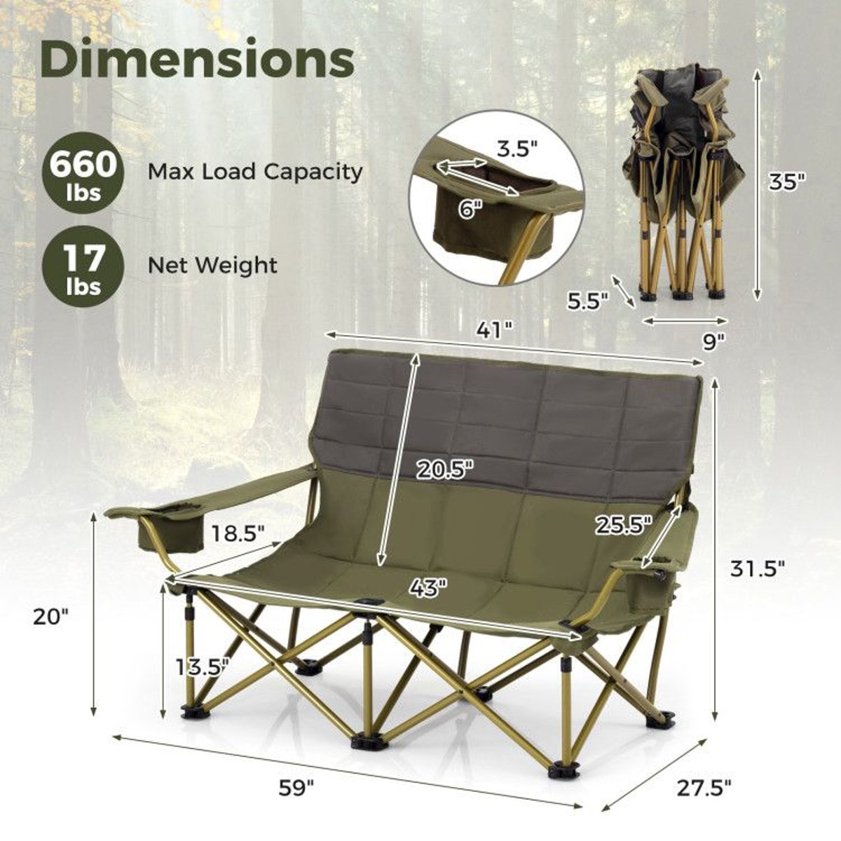 Double Loveseat Camping Chair - 660 lb Capacity, Folding, Cup Holders (Carry Bag) — outdoor chairs, lifestyle