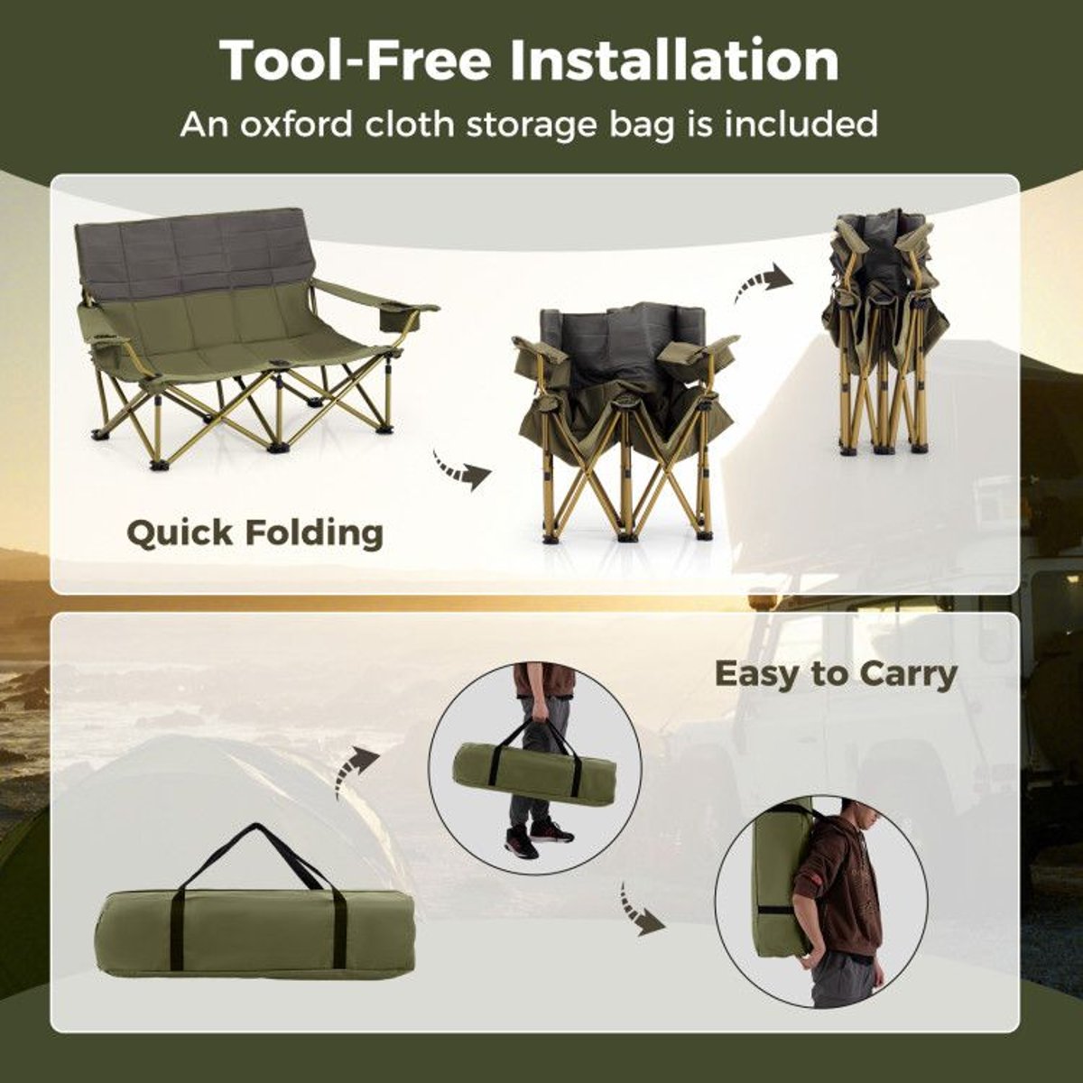 Double Loveseat Camping Chair - 660 lb Capacity, Folding, Cup Holders (Carry Bag) — outdoor chairs, view 9