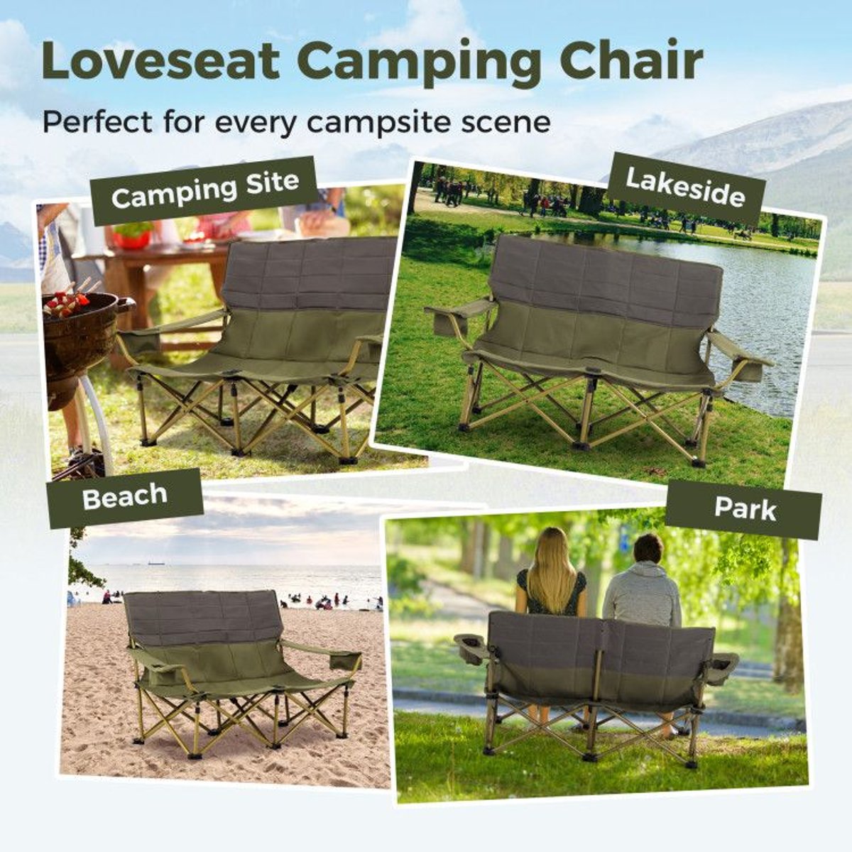 Double Loveseat Camping Chair - 660 lb Capacity, Folding, Cup Holders (Carry Bag) — outdoor chairs, view 10
