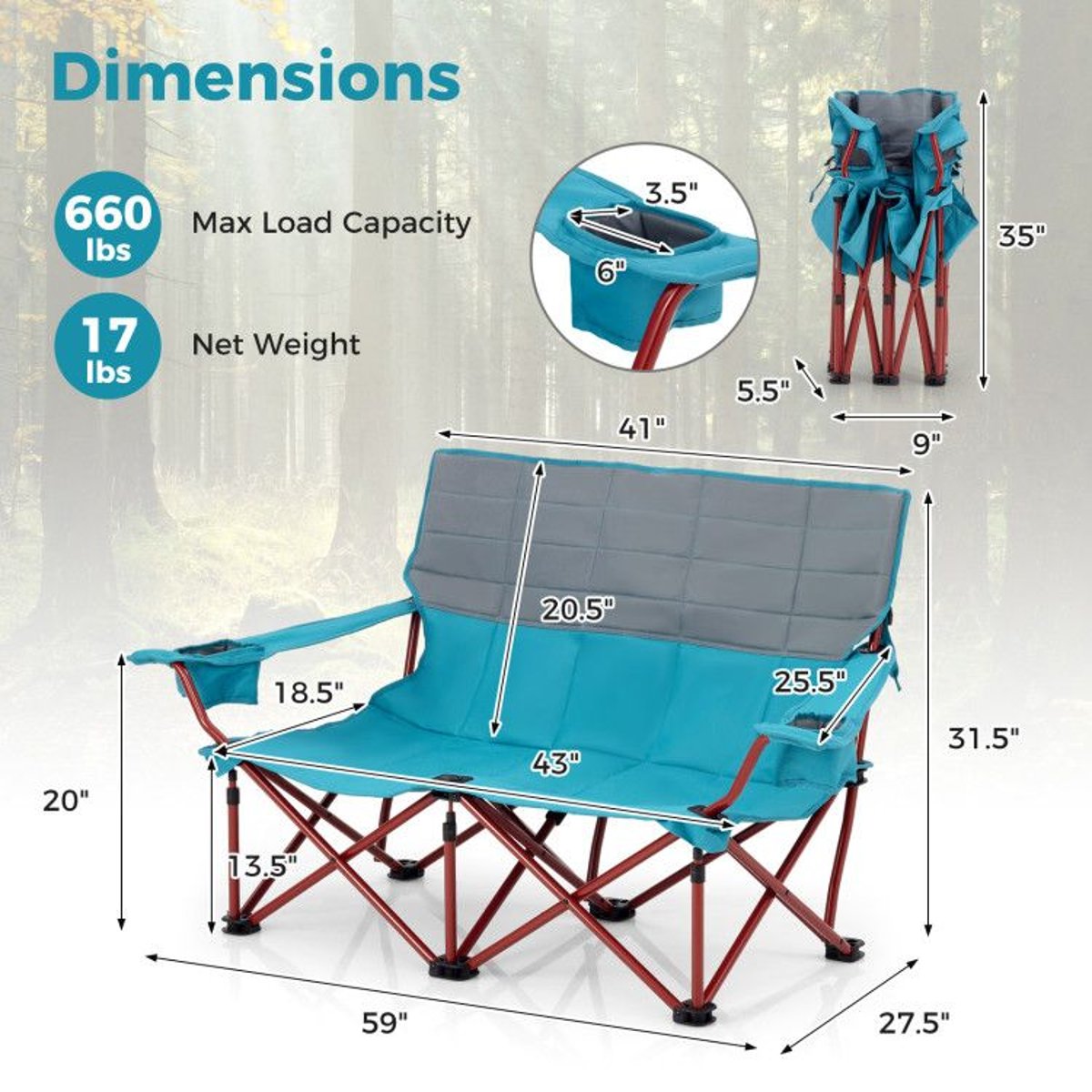 Double Loveseat Camping Chair - 660 lb Capacity, Folding, Cup Holders (Carry Bag) — outdoor chairs, view 15