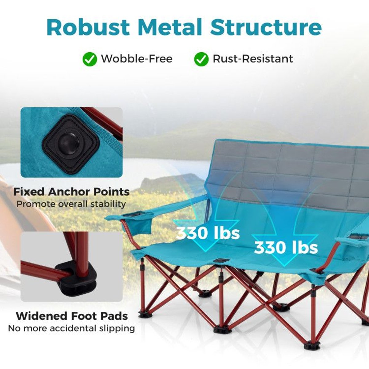 Double Loveseat Camping Chair - 660 lb Capacity, Folding, Cup Holders (Carry Bag) — outdoor chairs, view 17