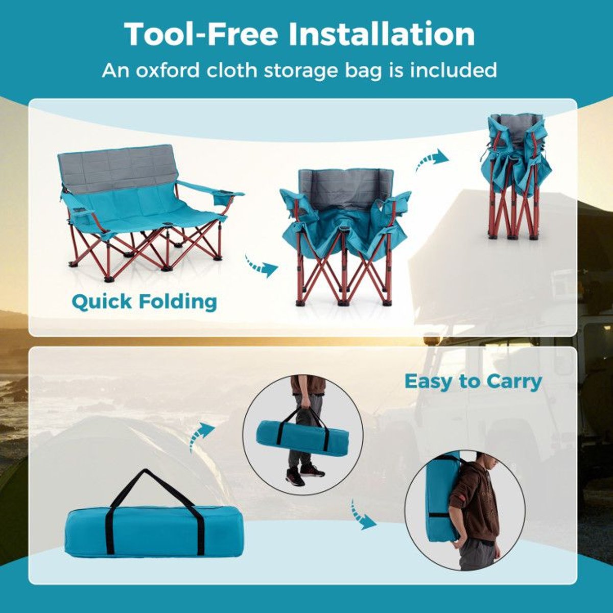 Double Loveseat Camping Chair - 660 lb Capacity, Folding, Cup Holders (Carry Bag) — outdoor chairs, view 19