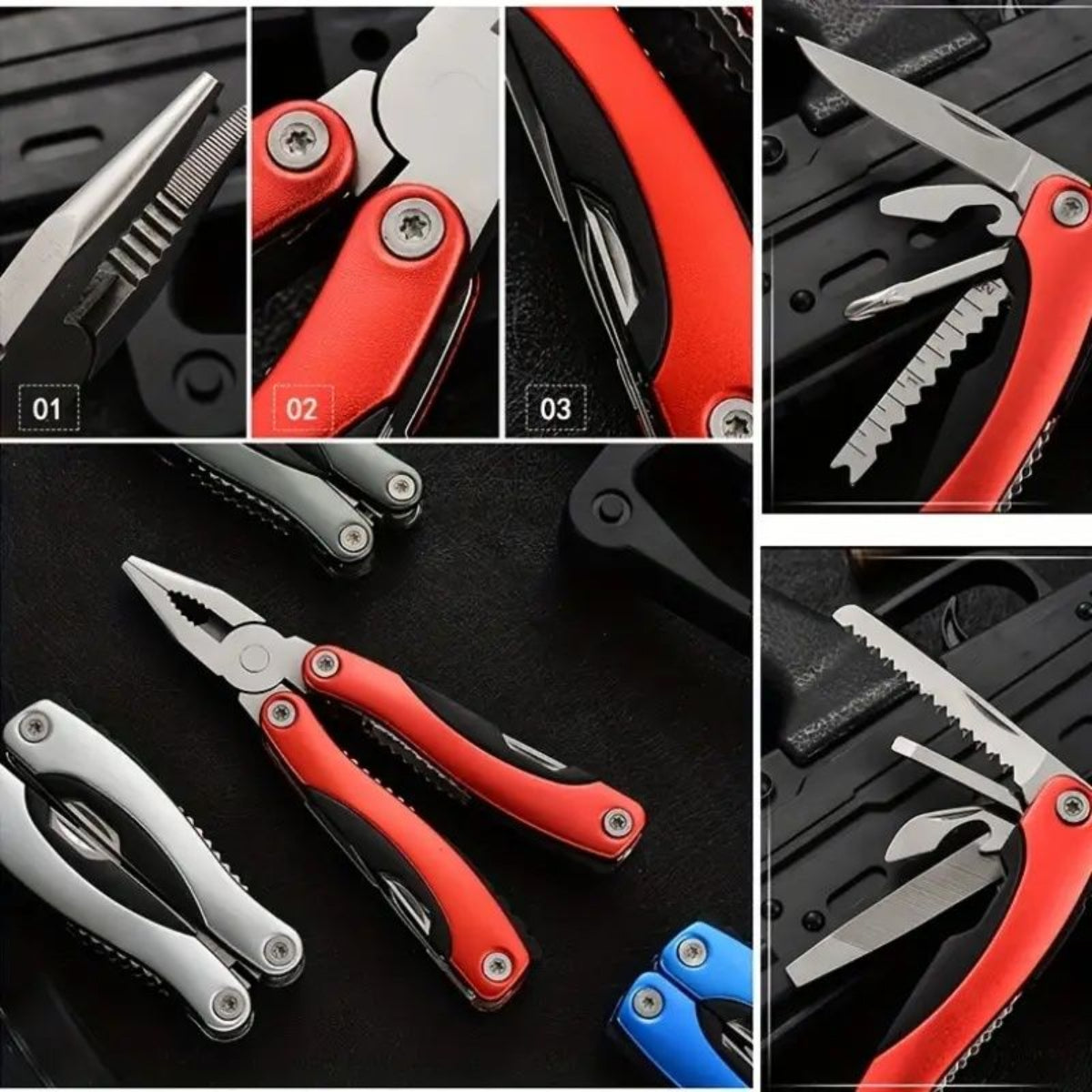 Collage of a multi-tool with various tools on a black background