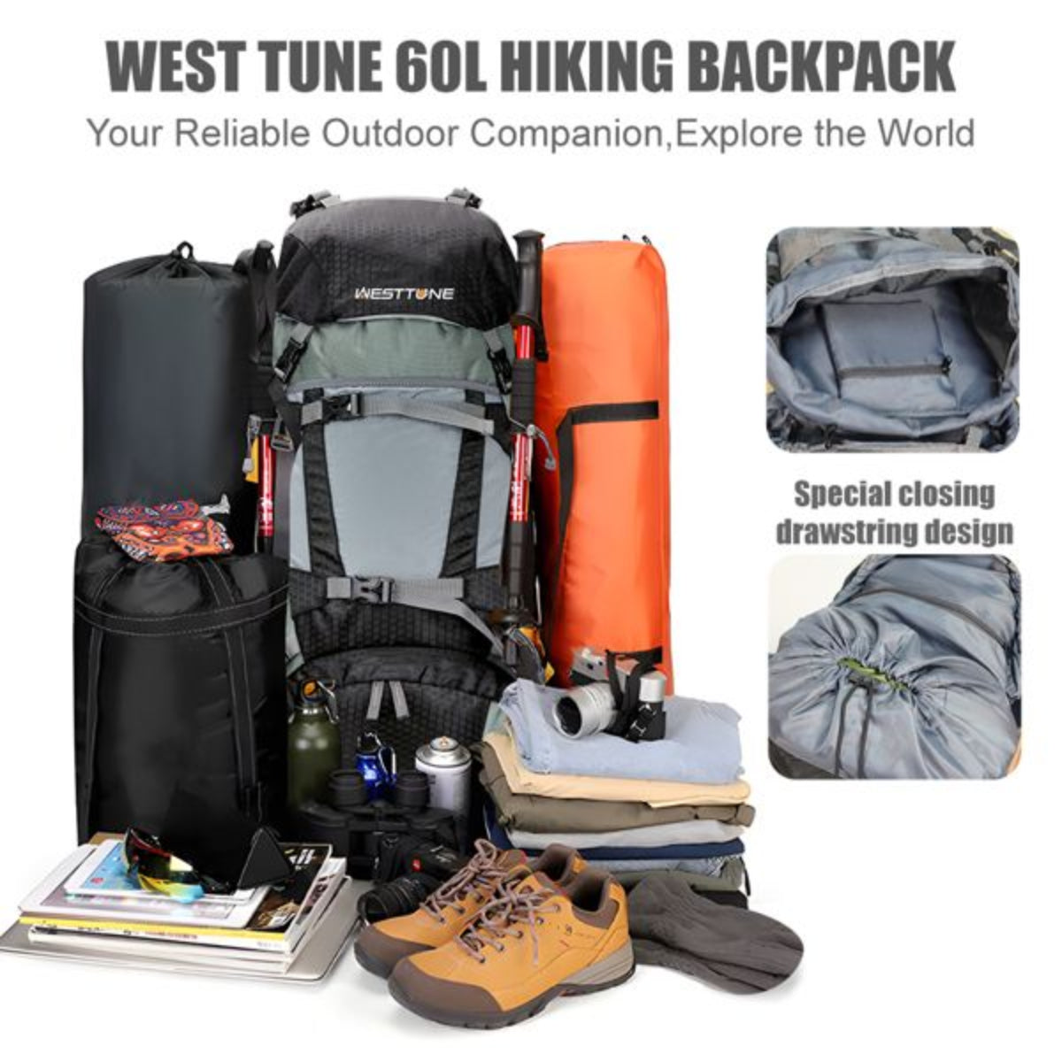 West Tune 60L hiking backpack with outdoor gear on a white background