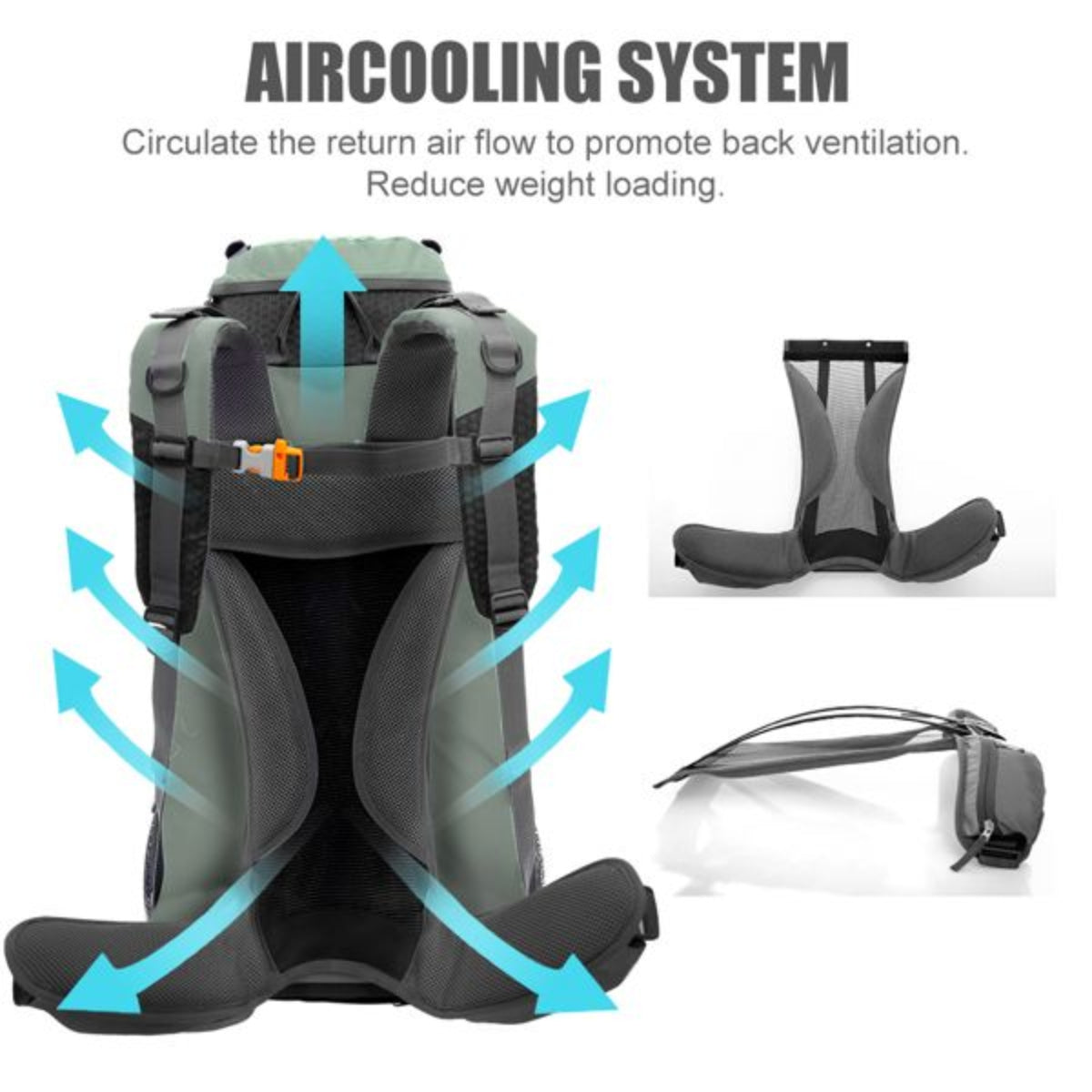 Backpack with aircooling system features and components on a white background