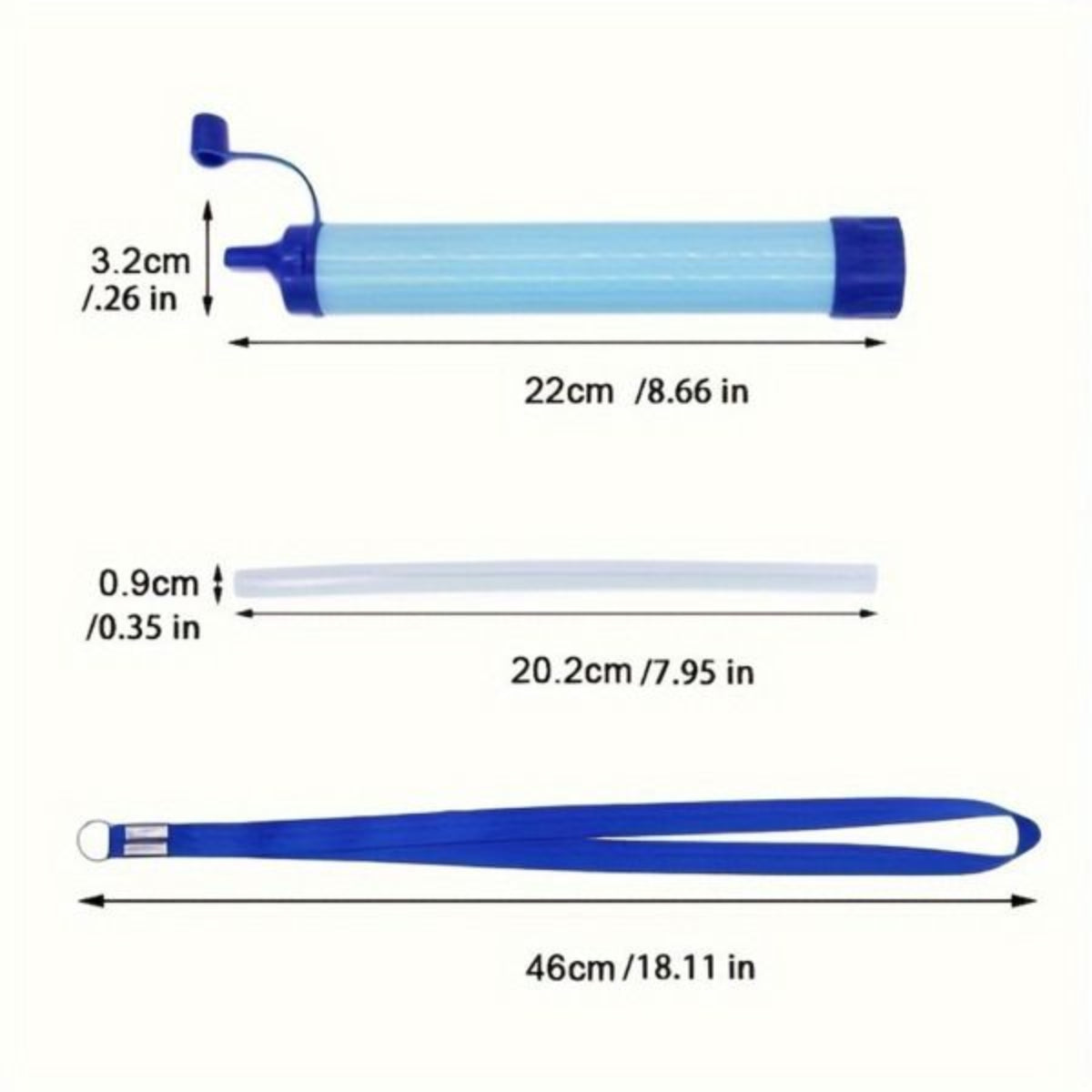 Measurement chart of a blue and white object with dimensions labeled.