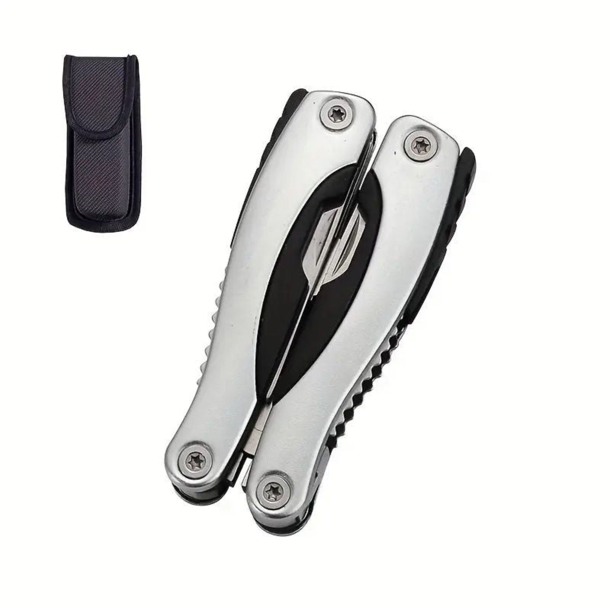 Silvery multi-tool with a sheath on a white background