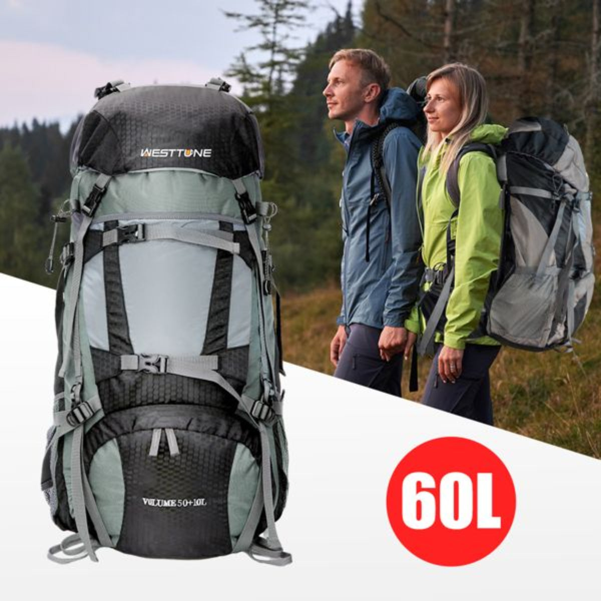 60L hiking backpack with Westone branding, displayed with a couple in outdoor setting.
