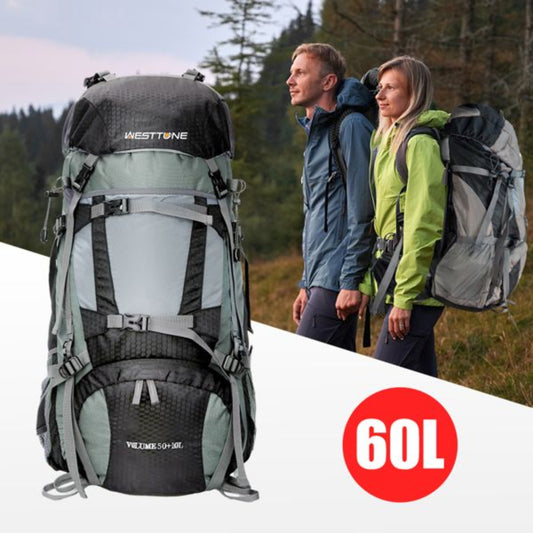 60L hiking backpack with Westone branding, displayed with a couple in outdoor setting.