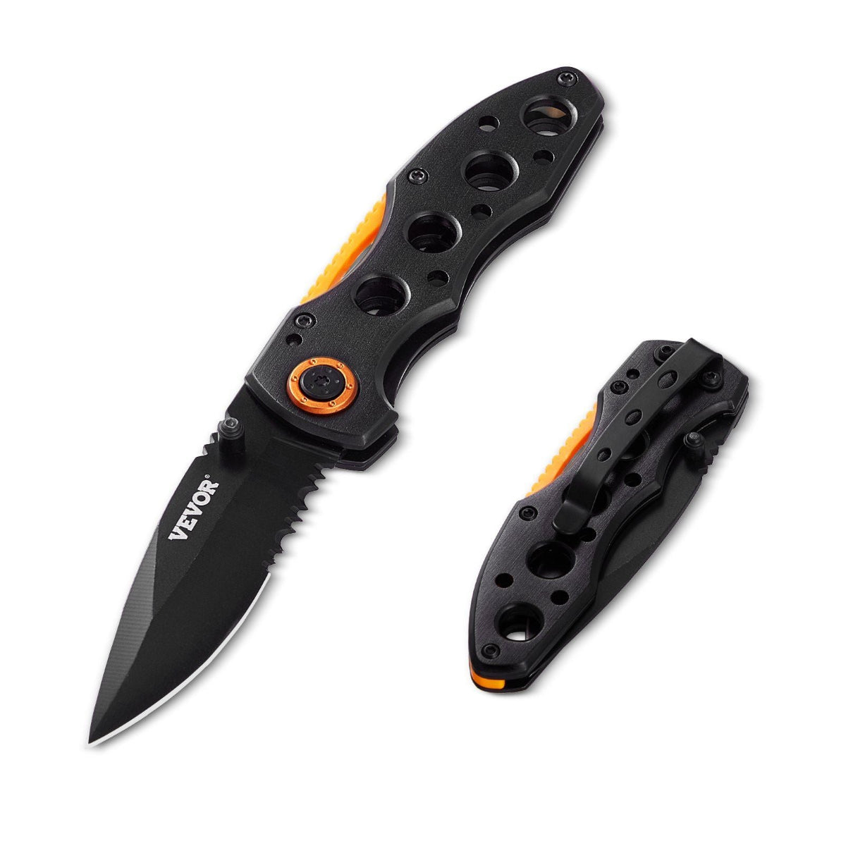 Folding Pocket Knife - 3" 7Cr17Mov Blade with Aluminum Handle — black, tool knives, front view
