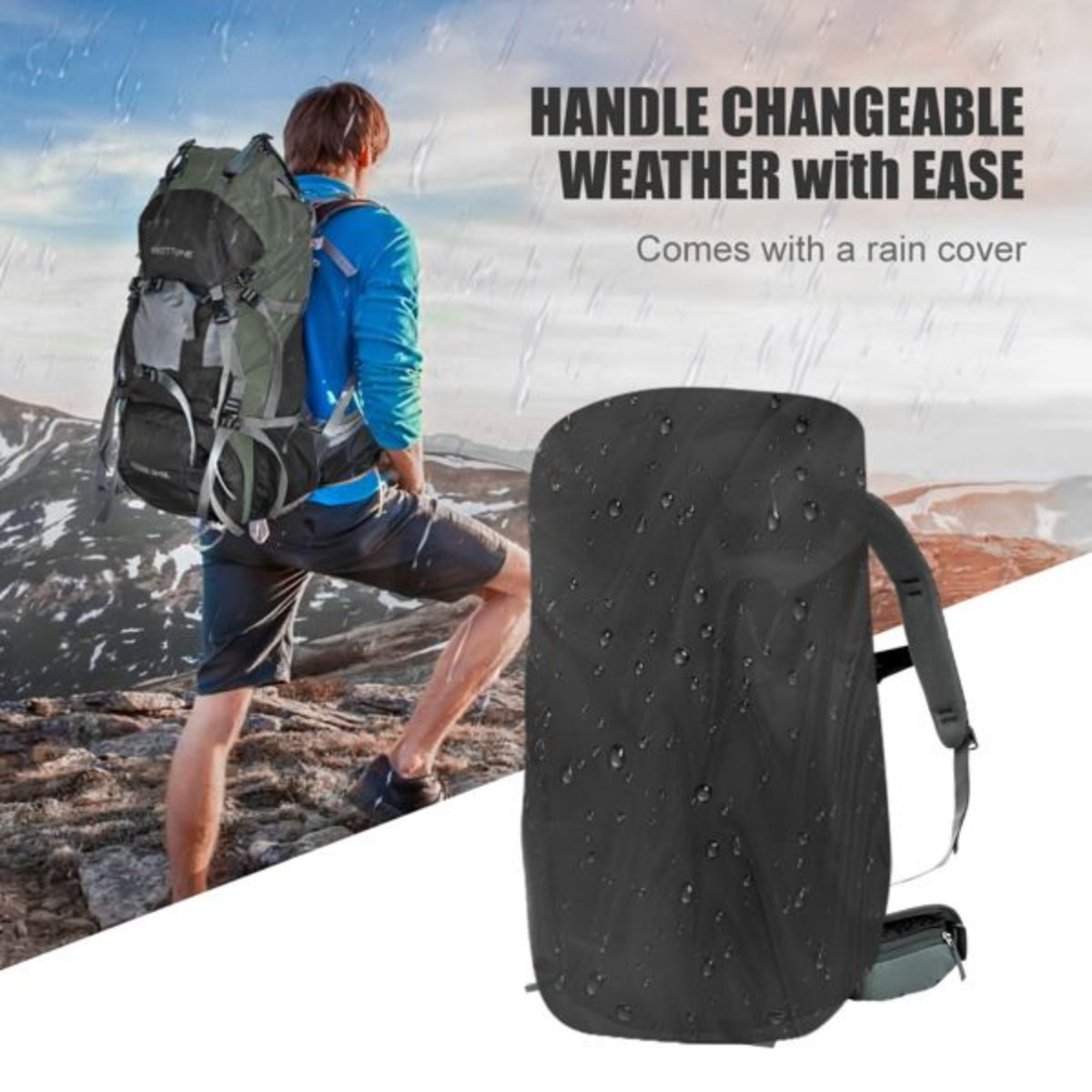 Person with a backpack and rain cover on a mountainous background