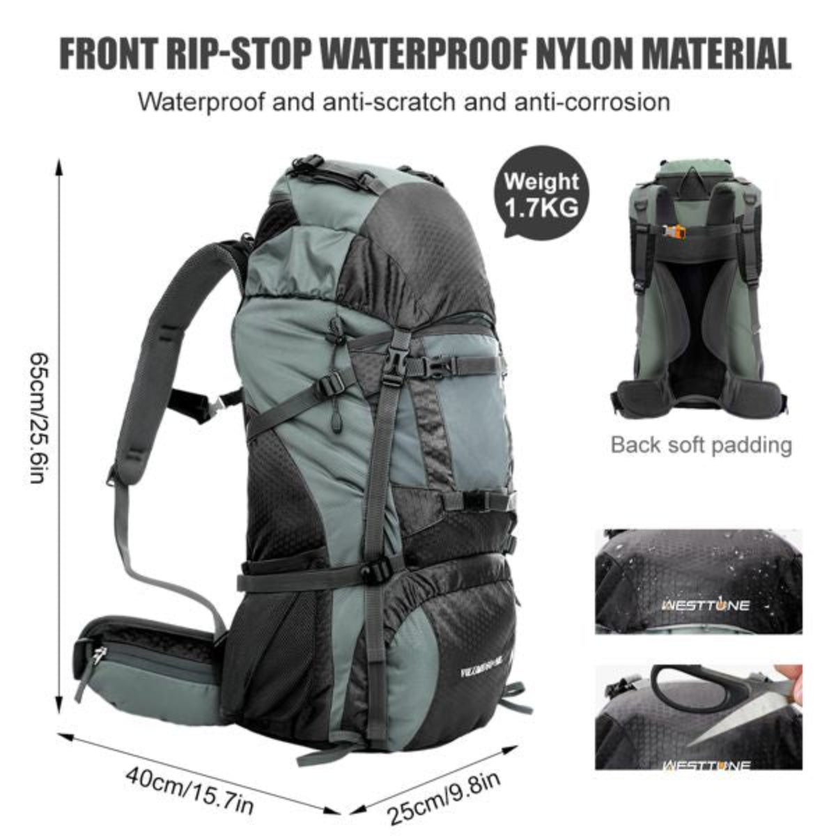 Backpack with features highlighted on a white background