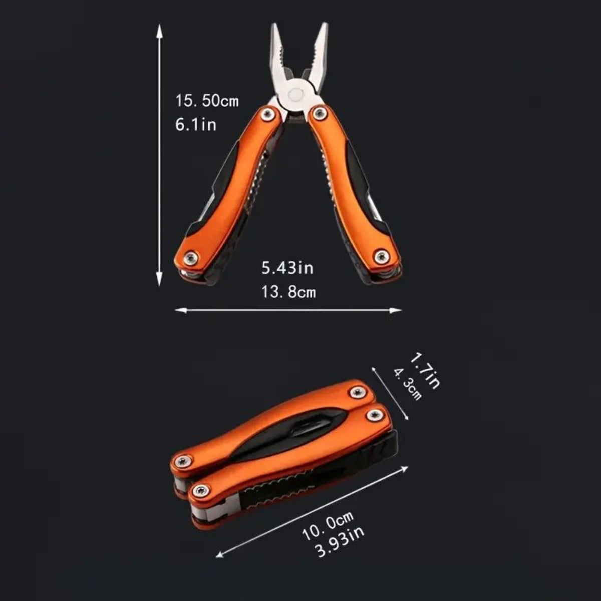 Orange multi-tool with measurements on a black background