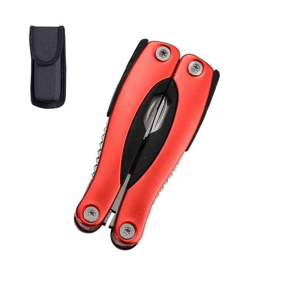 Red multi-tool with black sheath on a white background