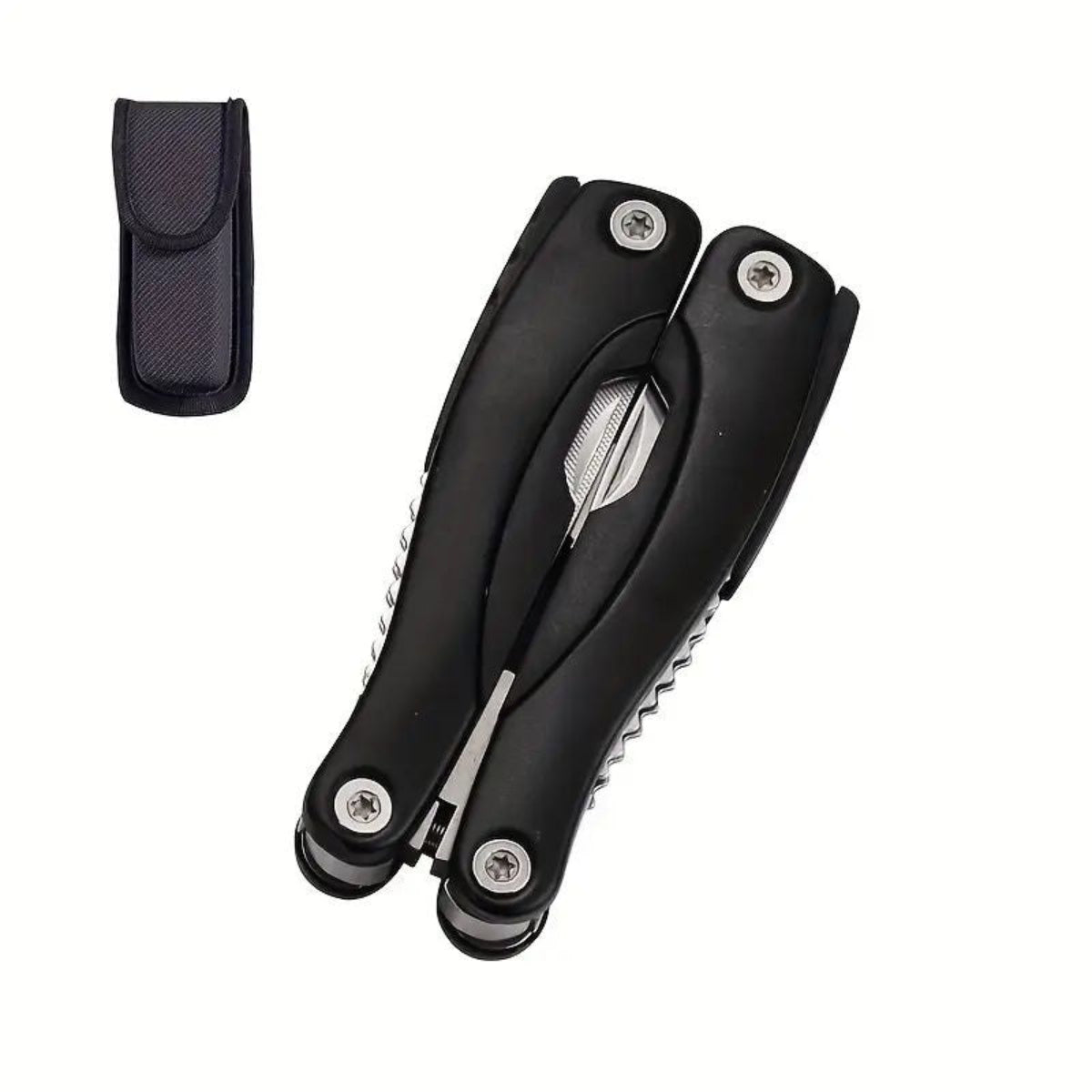 Black multi-tool with a sheath on a white background