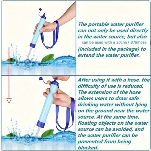 Portable water purifier with text explaining its use and features
