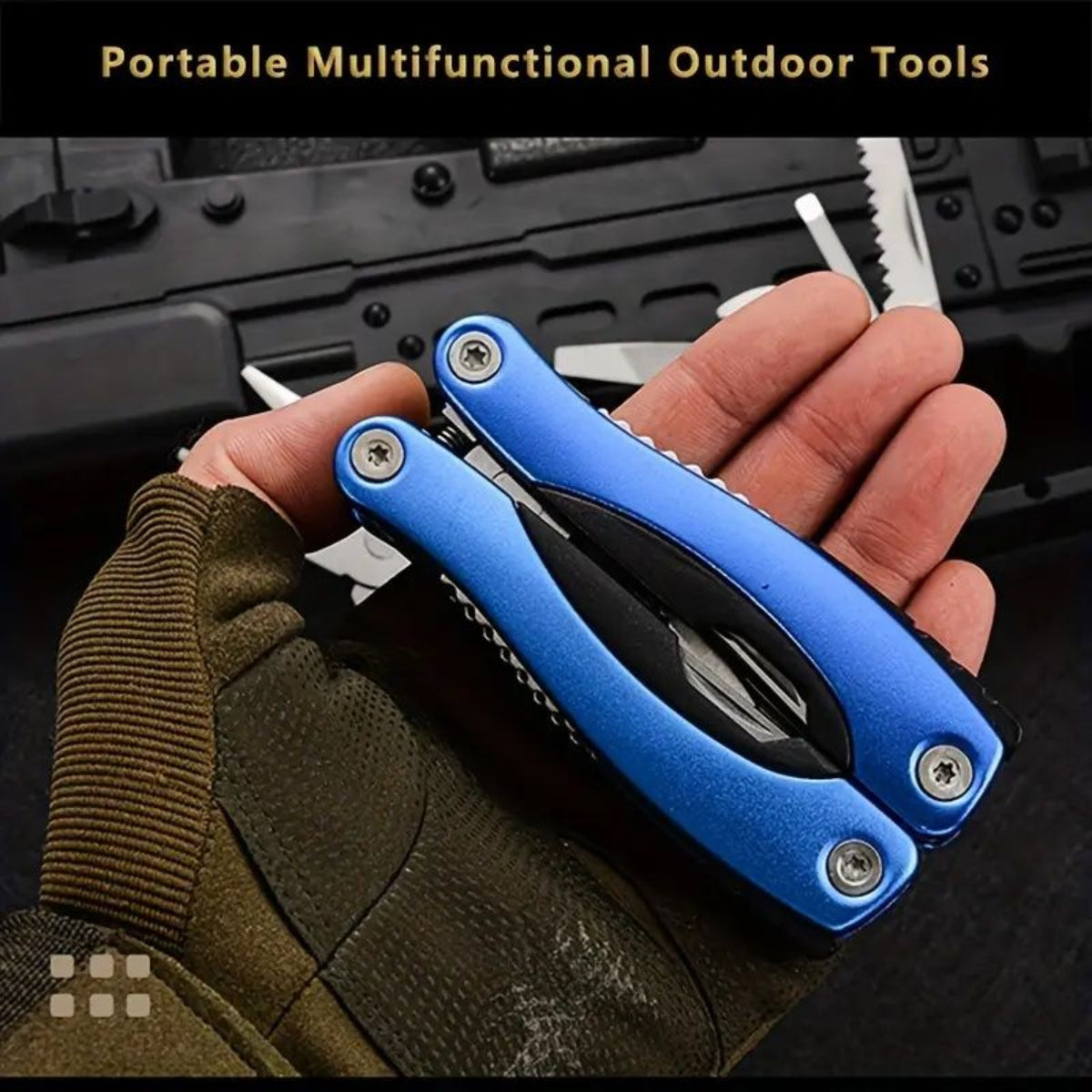 Blue multitool held in a hand with a black toolbox in the background