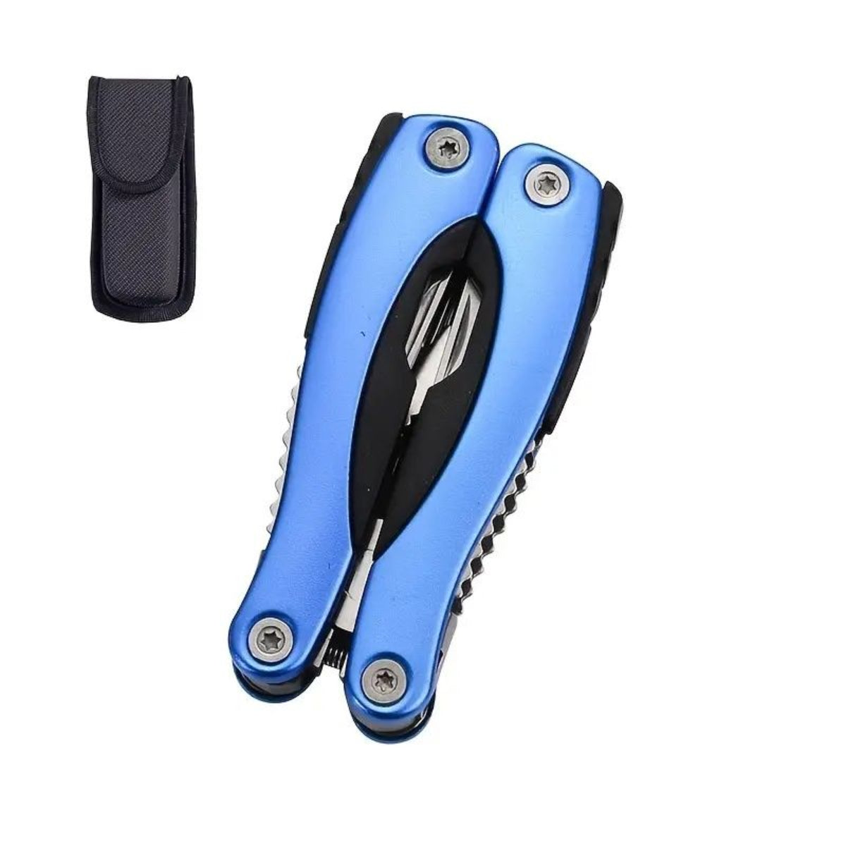 Blue multi-tool with black handle and sheath on a white background