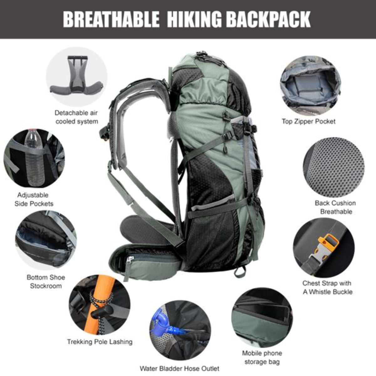 Breathable hiking backpack with features highlighted on a white background