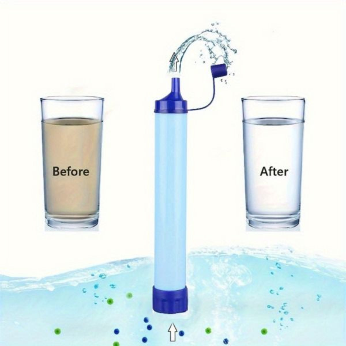 Water filter pen with 'Before' and 'After' comparison of water quality on a white background.